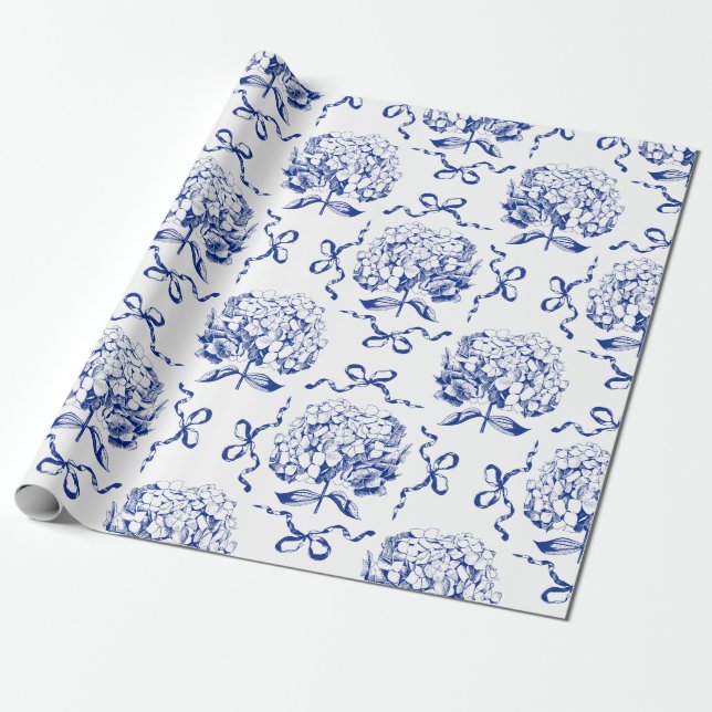 Elegant Preppy Blue Toile Hydrangea Bow Pattern Wrapping Paper (Unrolled)