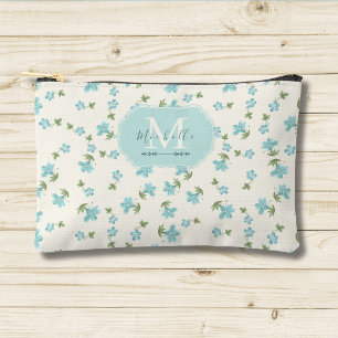 Elegant Preppy Floral Cottagecore Ivory Soft Blue Accessory Pouch