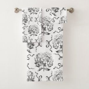 Elegant Preppy Hydrangea Bow Toile Pattern Bath Towel Set