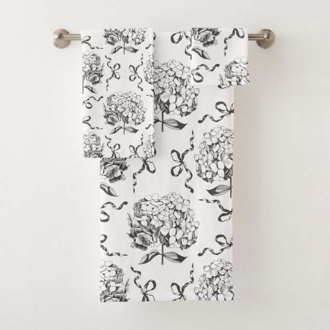 Elegant Preppy Hydrangea Bow Toile Pattern Bath Towel Set (Insitu)