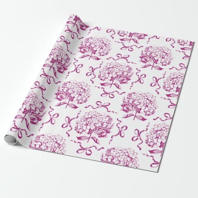 Elegant Preppy Pink Hydrangea Bow Toile Pattern Wrapping Paper (Unrolled)