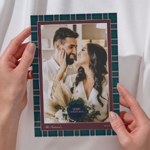 Elegant Preppy Plaid Burgundy Christmas Photo Foil Holiday Card
