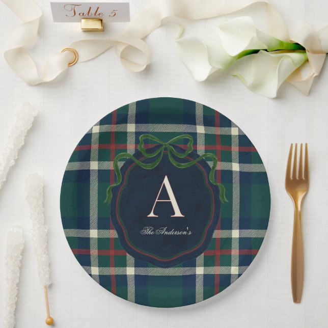 Elegant Preppy Plaid Monogram Christmas Paper Plate (Wedding)