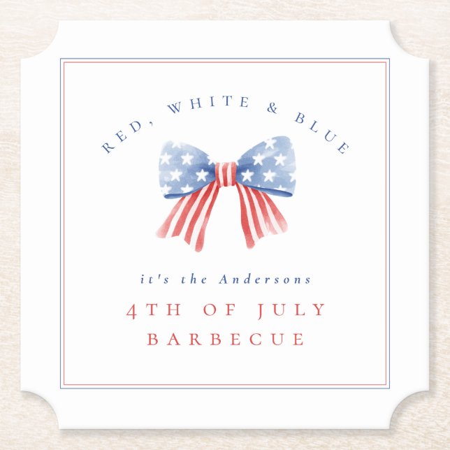 Elegant Preppy USA Bow - 4th of July BBQ Paper Coaster (Front)