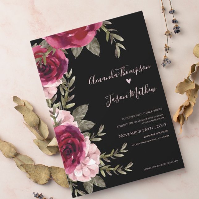 Elegant Pretty Black Burgundy Blush Floral Wedding Invitation (Creator Uploaded)