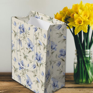 Elegant Pretty Blue Floral on Cream Background Medium Gift Bag