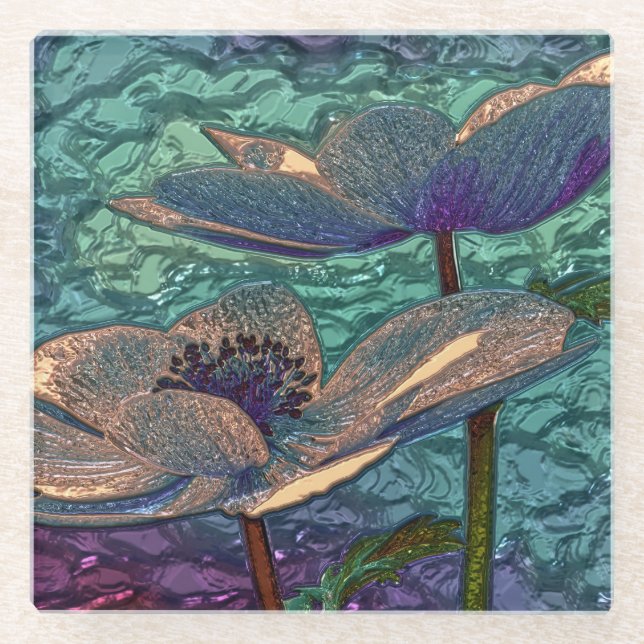 Elegant Pretty Blue Metallized Flowers Art Glass Coaster (Front)