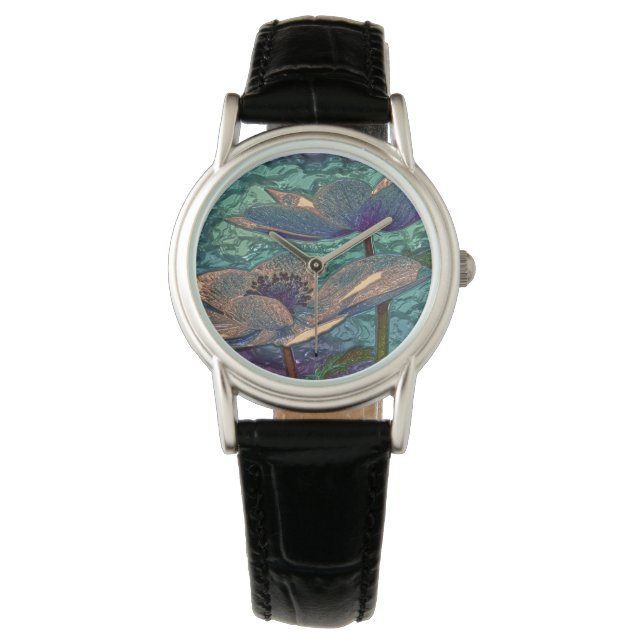 Elegant Pretty Blue Metallized Flowers Art Watch (Front)