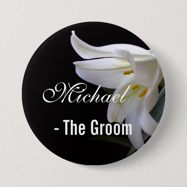 Elegant, pretty bride / groom wedding button. 3 inch round button (Front)