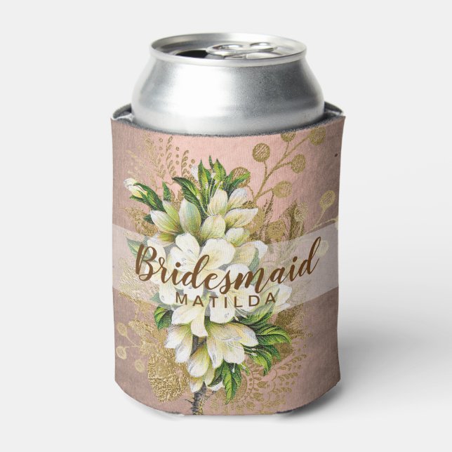 Elegant pretty copper rose gold floral bridesmaid can cooler (Can Front)