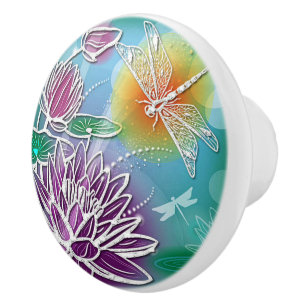 Elegant Pretty Dragonfly Modern Summer Floral Art Ceramic Knob