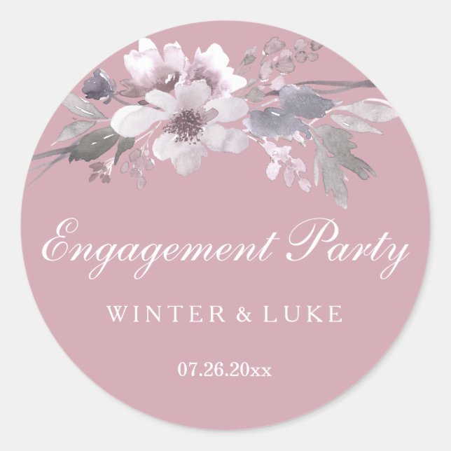 Elegant Pretty Dusty Pink Floral Engagement Party Classic Round Sticker (Front)