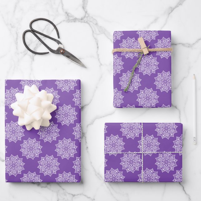 Elegant pretty girly purple mandala pattern wrapping paper sheet (Front)