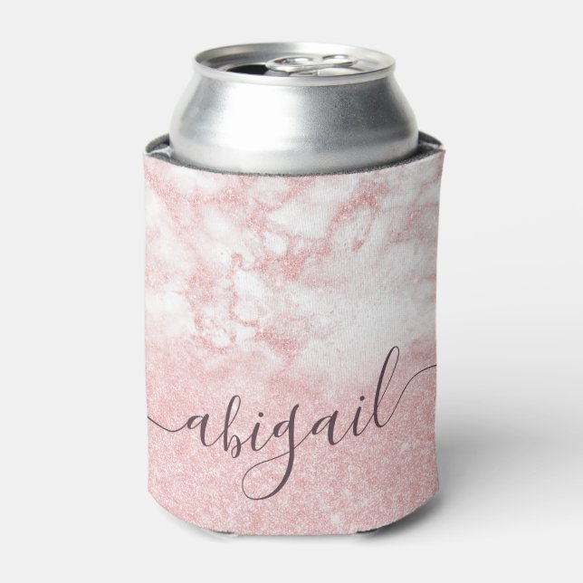 Elegant pretty gradient rose gold glitter marble can cooler (Can Front)
