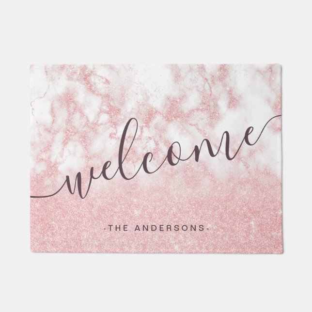 Elegant pretty gradient rose gold glitter marble doormat (Front)