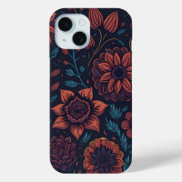 Elegant Pretty Modern Red and Blue Dark Floral Art