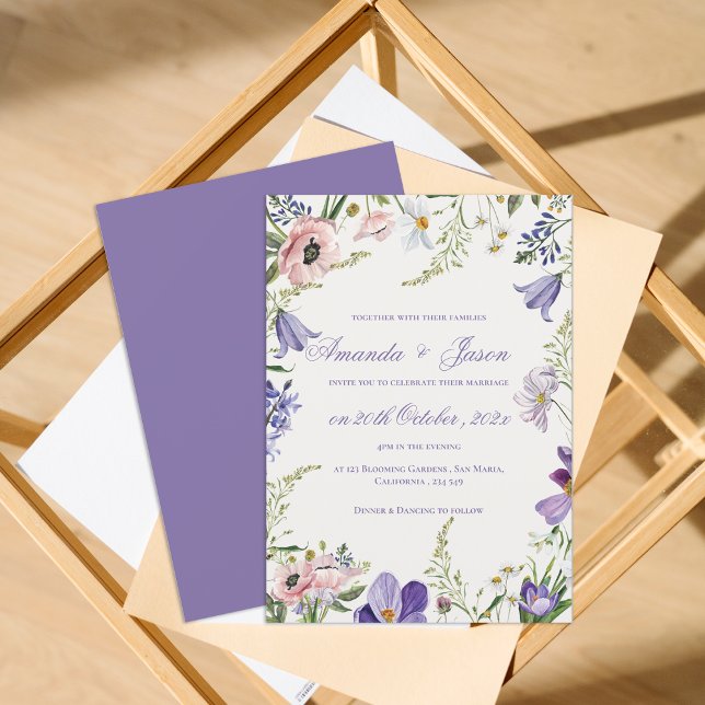 Elegant Pretty Peach Purple Blue Floral Wedding Invitation (Elegant Pretty Peach Purple Blue Floral Wedding Invitation)