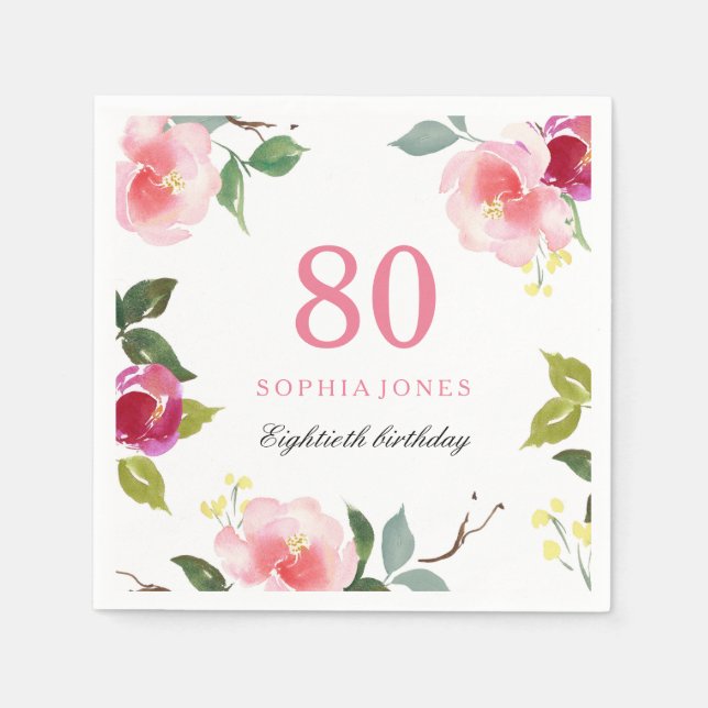 Elegant Pretty Pink Floral 80th Birthday Party Napkin (Front)