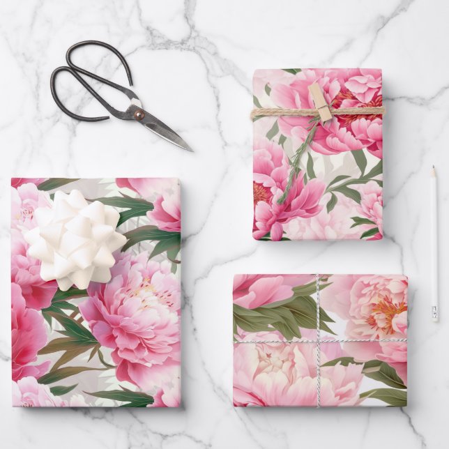Elegant Pretty Pink Peonies Floral Holiday Wrapping Paper Sheet (Front)