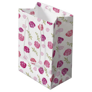 Elegant Pretty Pink & Purple Floral Roses Leaves Medium Gift Bag