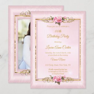 Elegant pretty pink rose Gold photo Birthday Party Invitation
