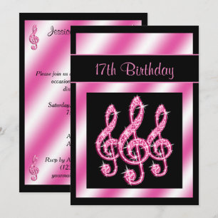 Elegant, Pretty Pink Treble Clefs 17th Birthday Invitation