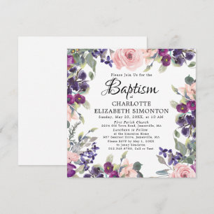 Elegant Pretty Purple Pink Floral Square Baptism Invitation