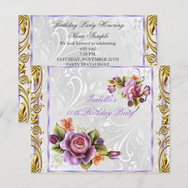 Elegant Pretty Purple Pink Rose White Birthday Invitation (Front/Back)