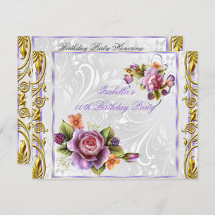 Elegant Pretty Purple Pink Rose White Birthday Invitation
