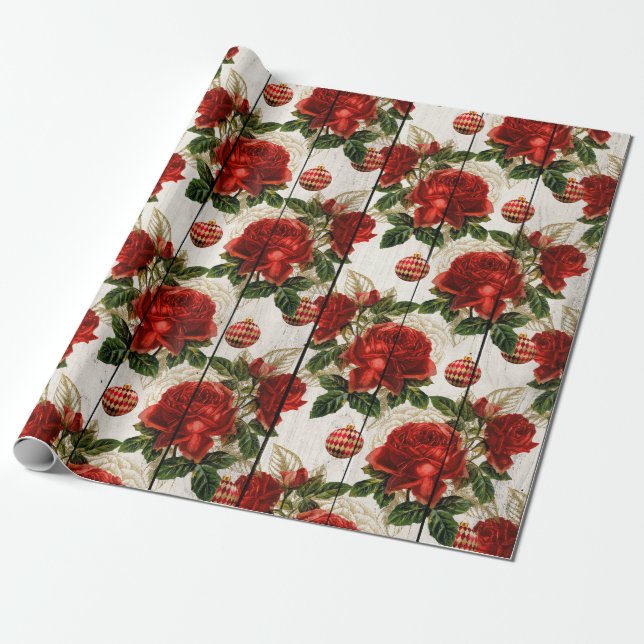 Elegant pretty red Christmas floral pattern Wrapping Paper (Unrolled)