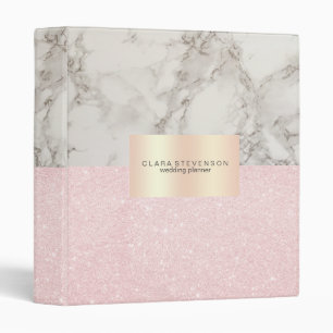 Elegant pretty rose gold glitter & white marble binder