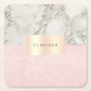Elegant pretty rose gold glitter & white marble square paper coaster