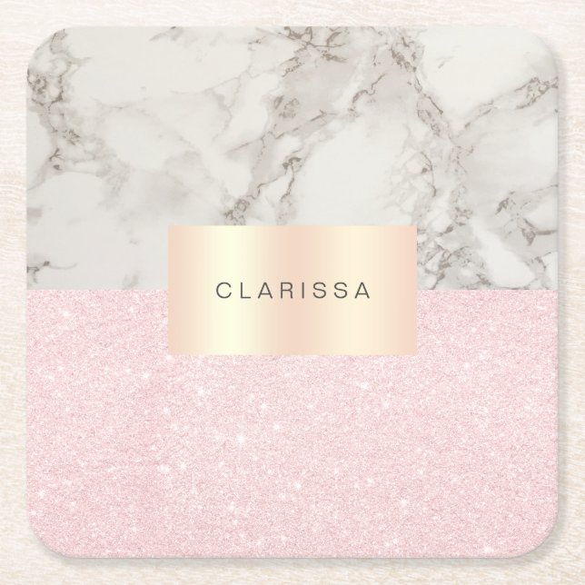 Elegant pretty rose gold glitter & white marble square paper coaster (Front)