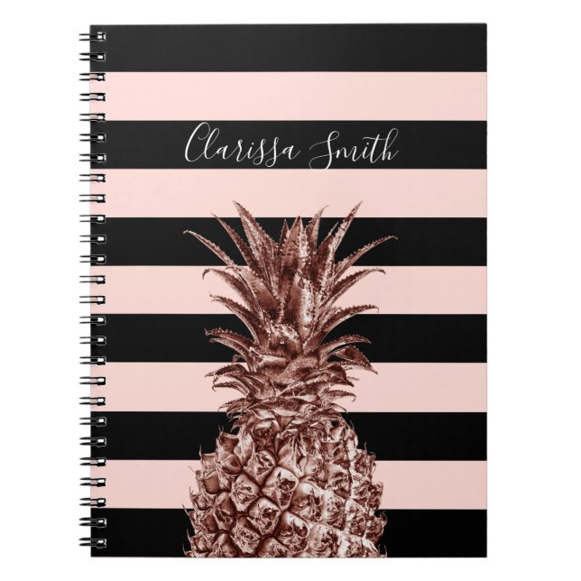 Elegant pretty rose gold pineapple & pink stripe notebook (Front)