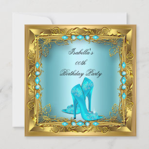 Elegant Pretty Teal High Heels Gold Birthday Party Invitation