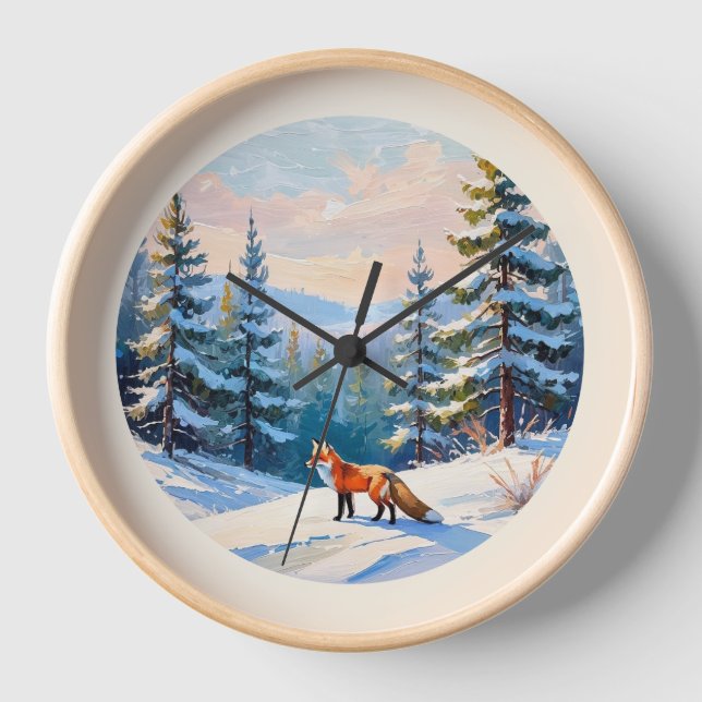 Elegant Pretty Watercolor Red Fox in Winter Snow Clock (Front)