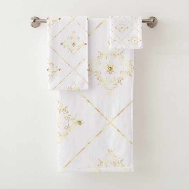 ELEGANT & PRETTY WHITE GOLD BATHROOM TOWEL SET (Insitu)
