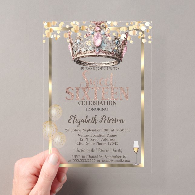 Elegant Princess Crown Balloons Frame Sweet 16  Acrylic Invitations (Insitu (Handheld))