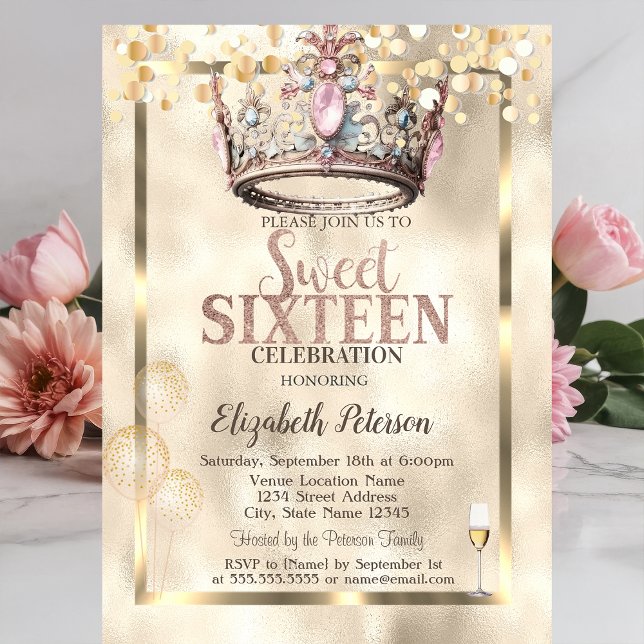 Elegant Princess Crown Balloons Frame Sweet 16  Invitation (Creator Uploaded)