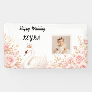 Elegant Princess Swan Pink Floral Birthday Photo  Banner