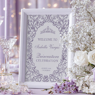 Elegant Princess Tiara Floral Quinceanera Welcome Poster