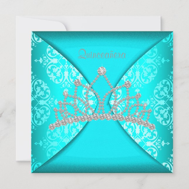Elegant Princess Tiara Teal Blue Quinceanera Invitation (Front)