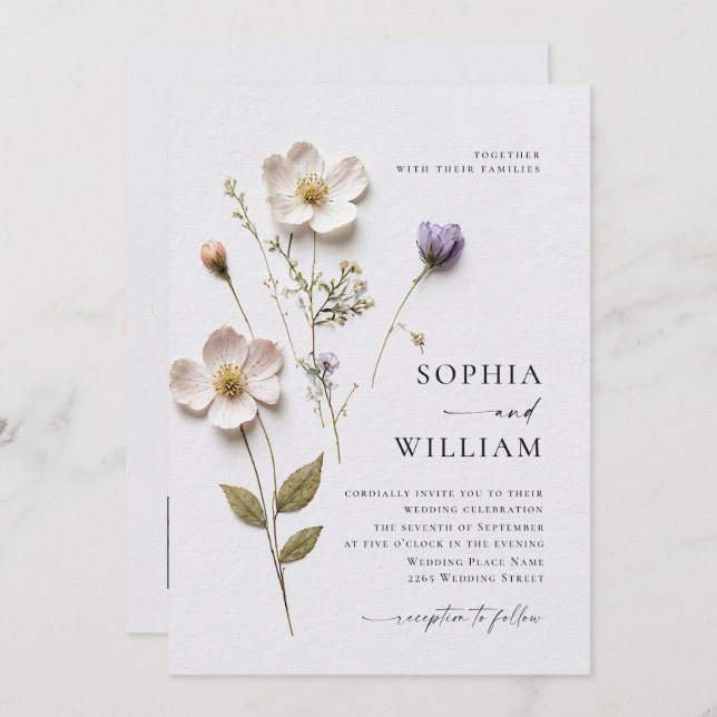 Elegant Print Pressed Pastel Boho Flowers Wedding Invitation (Front/Back)