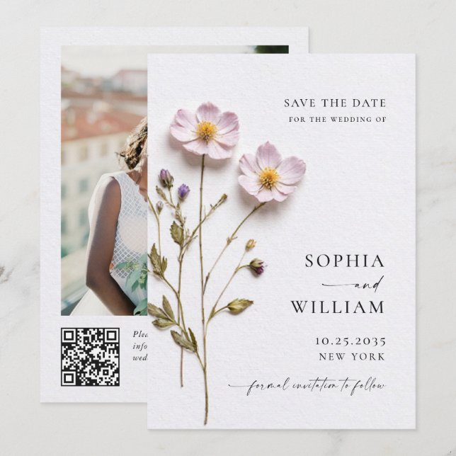 Elegant Print Pressed Pastel Boho Flowers Wedding Save The Date (Front/Back)