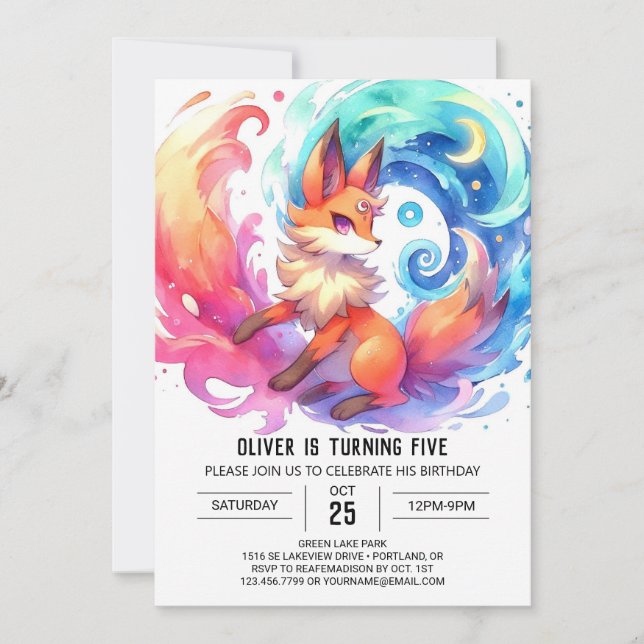 Elegant Printable Fox Birthday Invitation (Front)