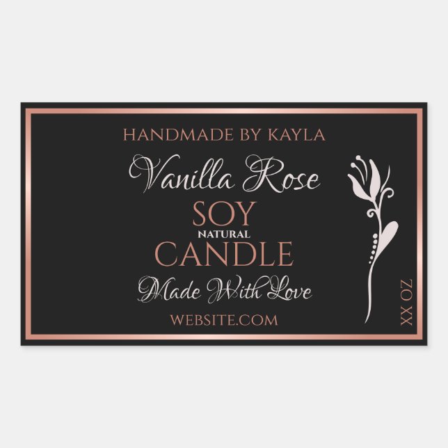 Élégant produit Étiquette noir avec cadre or Rose (Devant)