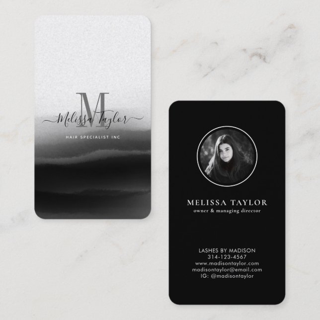 Elegant Professional Black Brush Monogrammed Business Card (Front/Back)