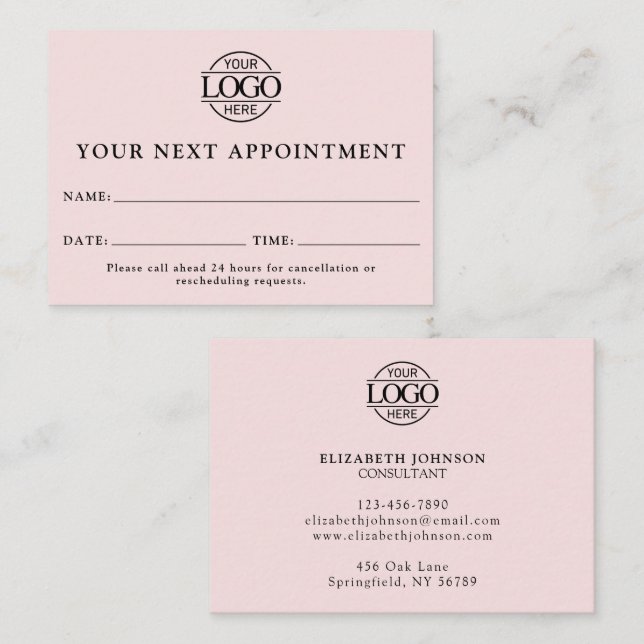 Elegant Professional Blush Pink Simple Reminder Appointment Card (Front/Back)