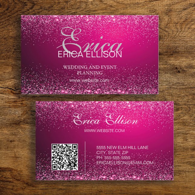 Elegant Professional Business QR Code Pink Silver Card (Hot pink business card with silver glitter.  Includes a QR code for your website)