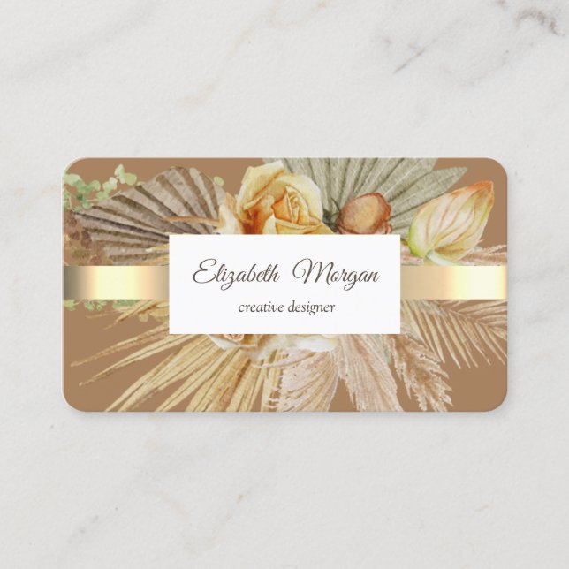 Elegant Professional Gold Stripe Boho Flowers  Business Card (Front)